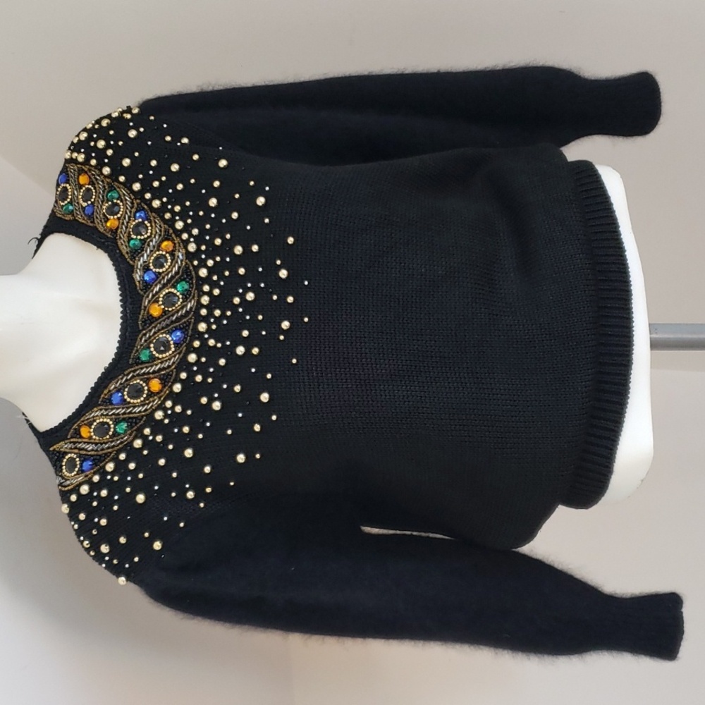 Vintage Kamiran Black multi-color beaded 3/4-sleeve knit sweater, Size L